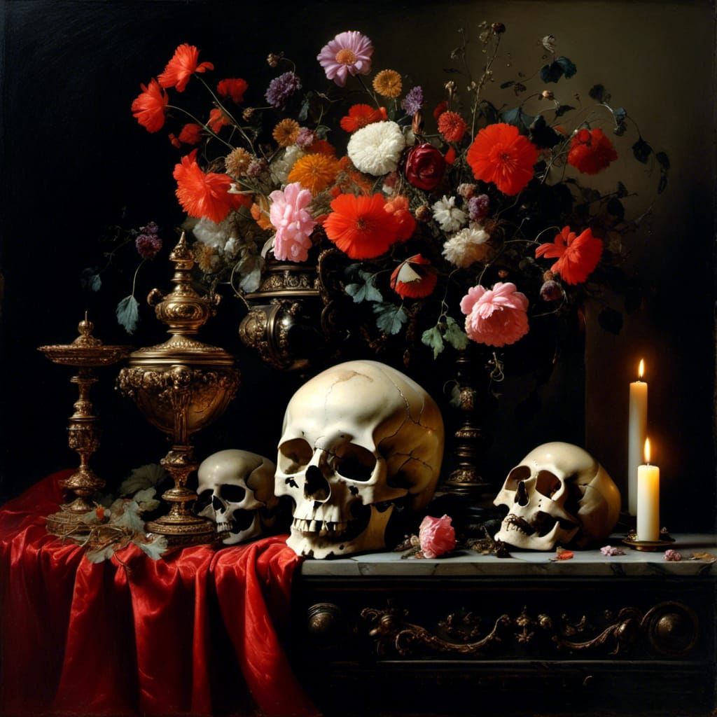 Macabre Vanitas Still Life with Skull and Clock