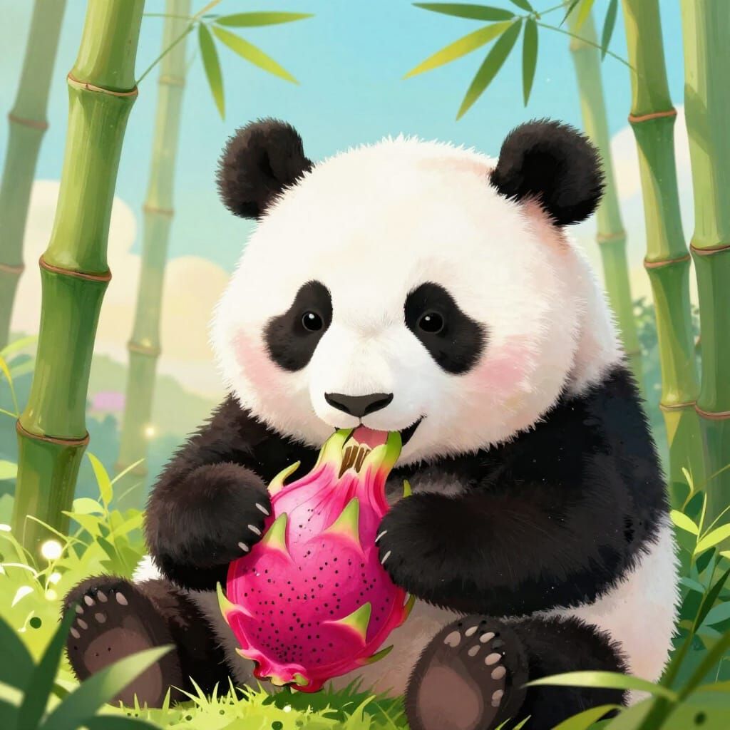 Cute Panda Eats Dragon Fruit in Whimsical Style
