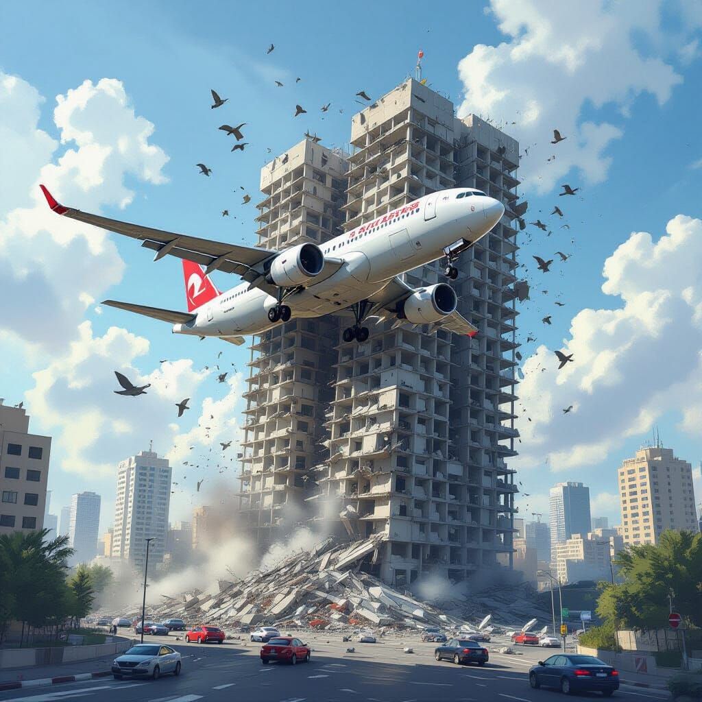 Plane Crashes Into Skyscrapers in Dramatic Digital Painting