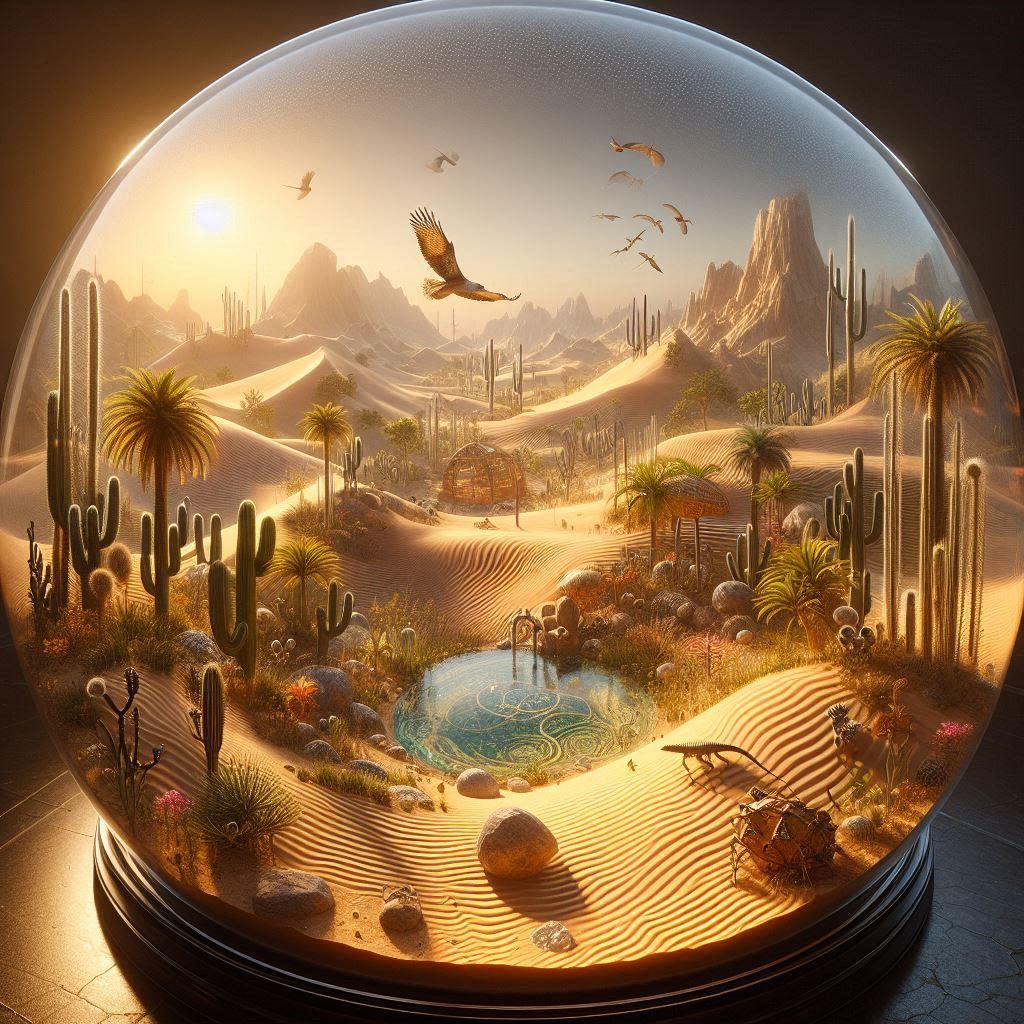 desert biome inside a spherical glass terrarium