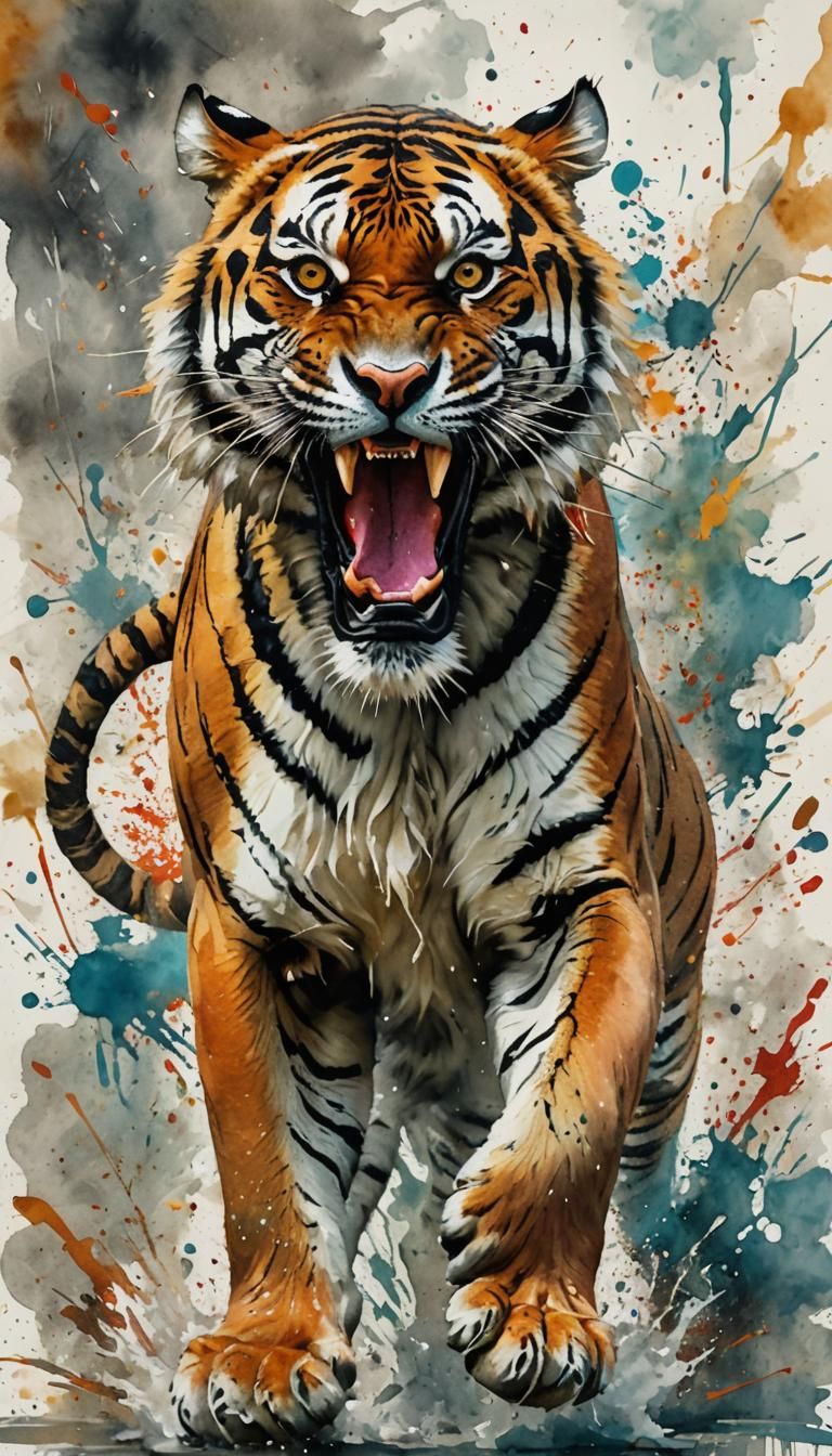 A wild <tiger> in full roar, charging directly towards the c...