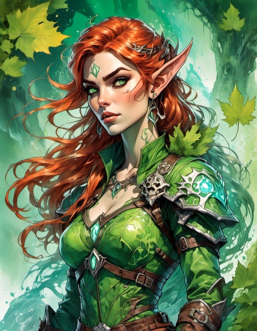 <lora:Spectral:1.0> <lora:inhuman:1.0> waist up portrait gorgeous pin up fantasy elf ranger with the word "NARLAN" above it, gorgeous flowi...