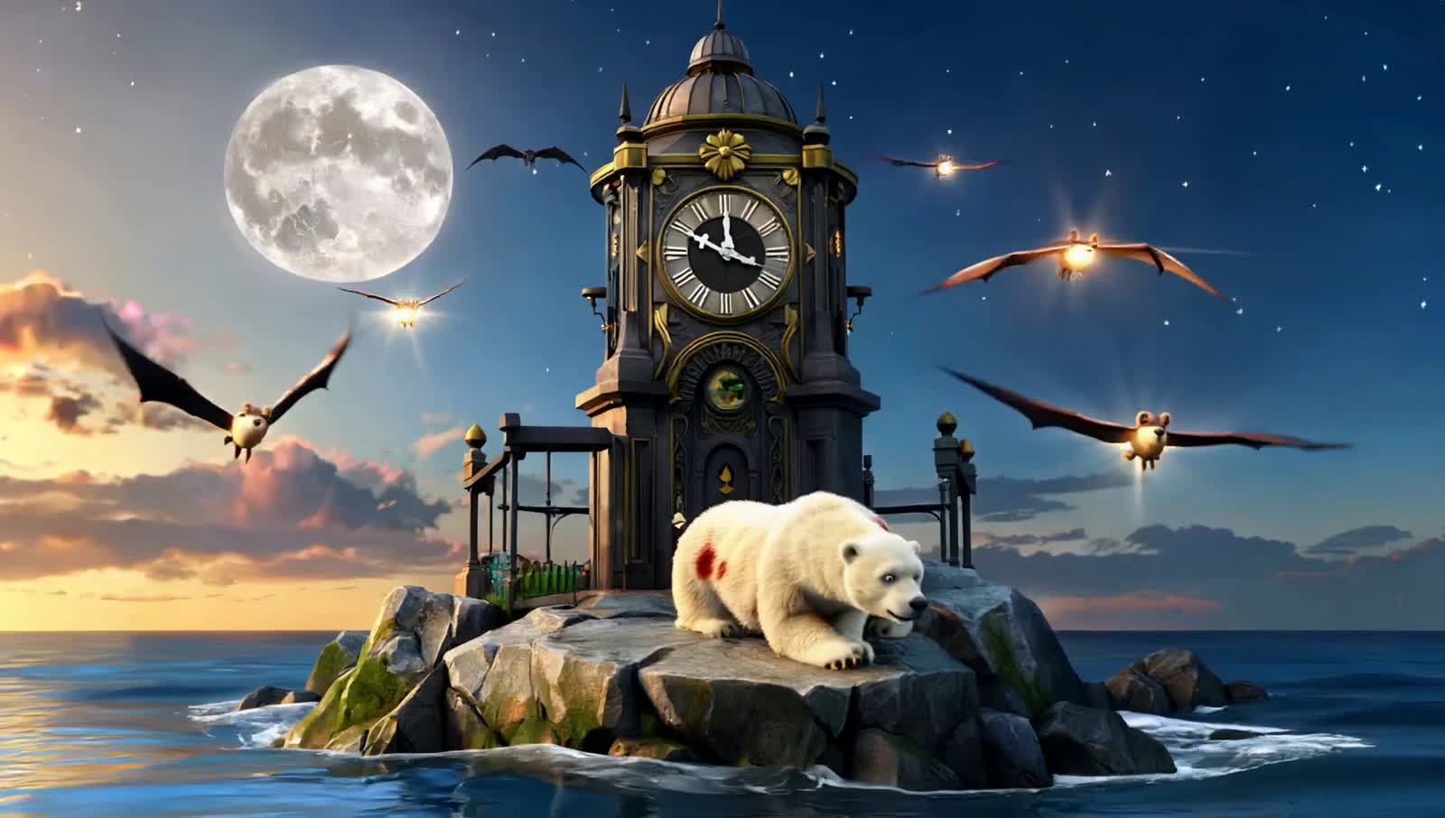 SPECIAL FX, RAW 8K. Fantasy clocktower on a rocky island, moonlit dramatic sky with bats in the air that glow and polar ...