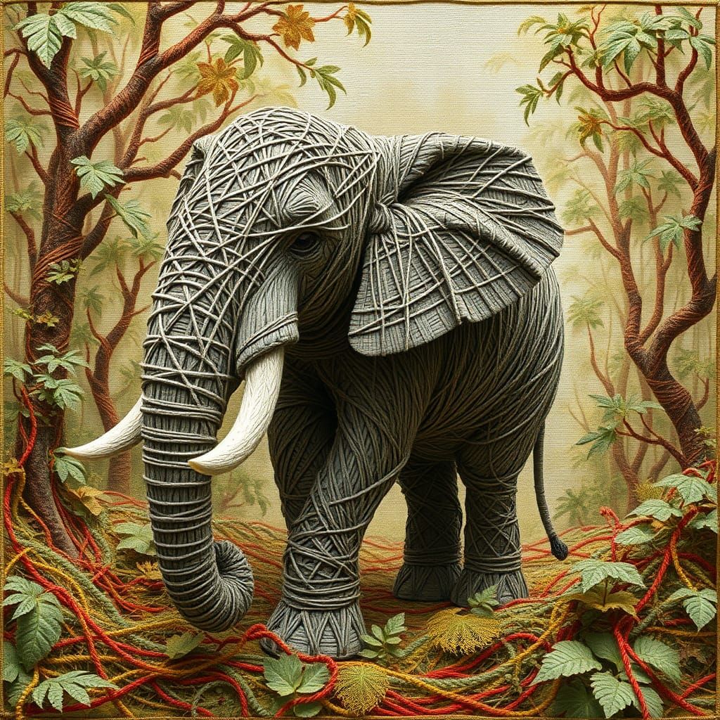 an elephant fully made of string in a jungle made of string  by @FruitFan