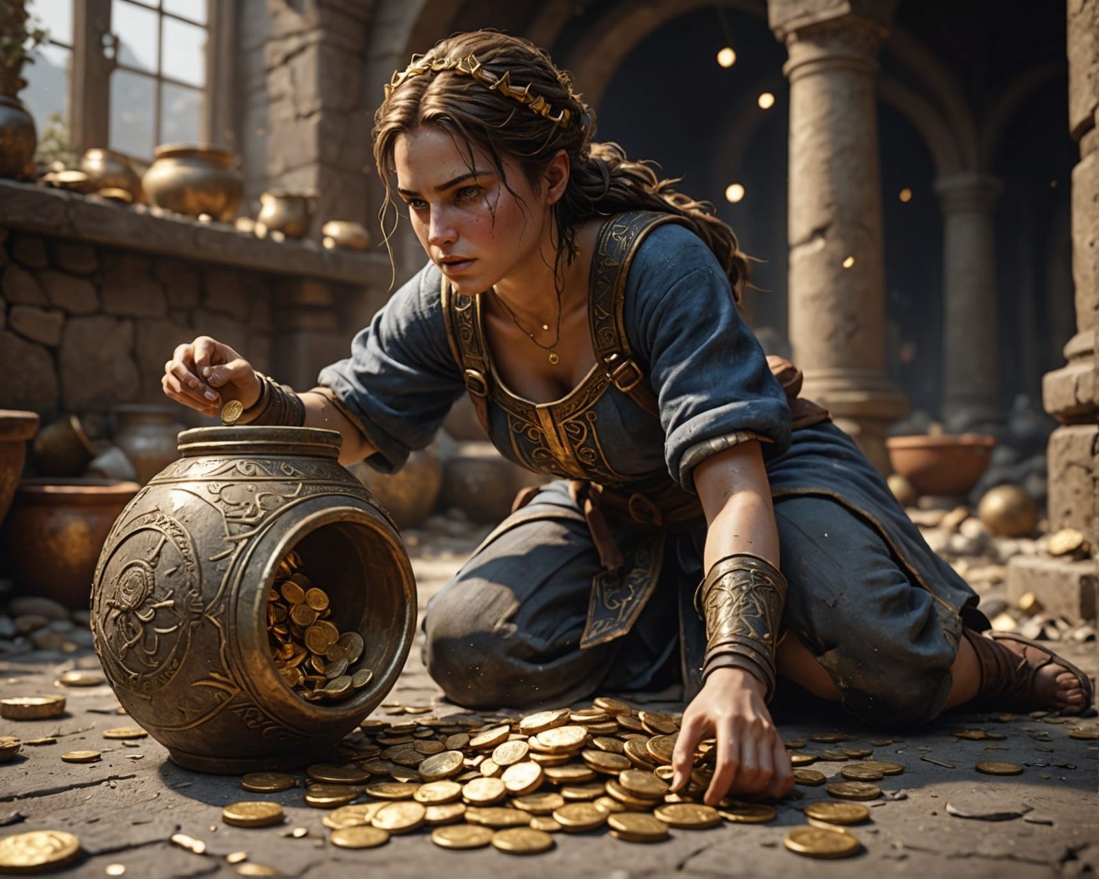 A video game character collecting looted gold coins  by @EmzMc