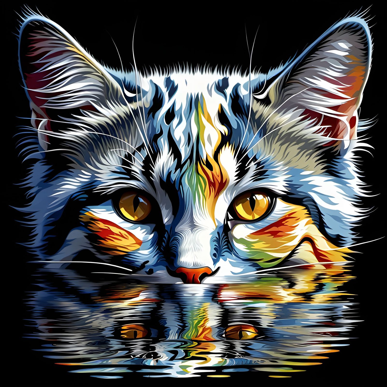 Cat reflection in water Pierrot cat oil painting style, Pier...
