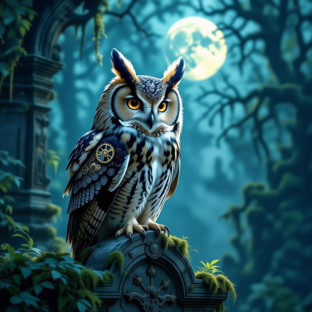 A majestic owl with intricate clockwork gears integrated into its feathers, perched on a moss-covered, ancient stone ruin. Moonlight filters...