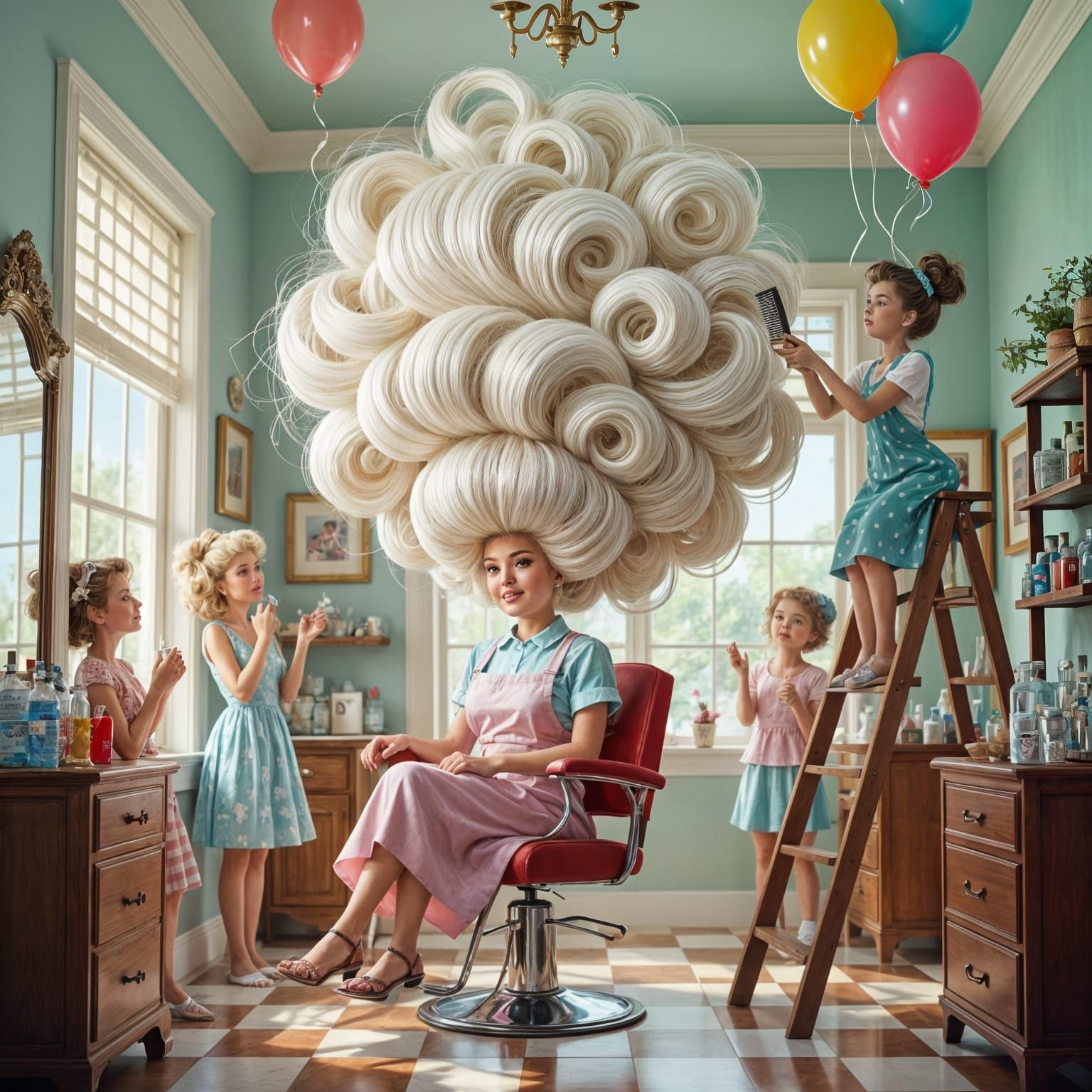 Humorous surreal scene: a woman sits in a salon chair with an absurdly tall, fluffy white hairstyle reaching ...  by @Schoor