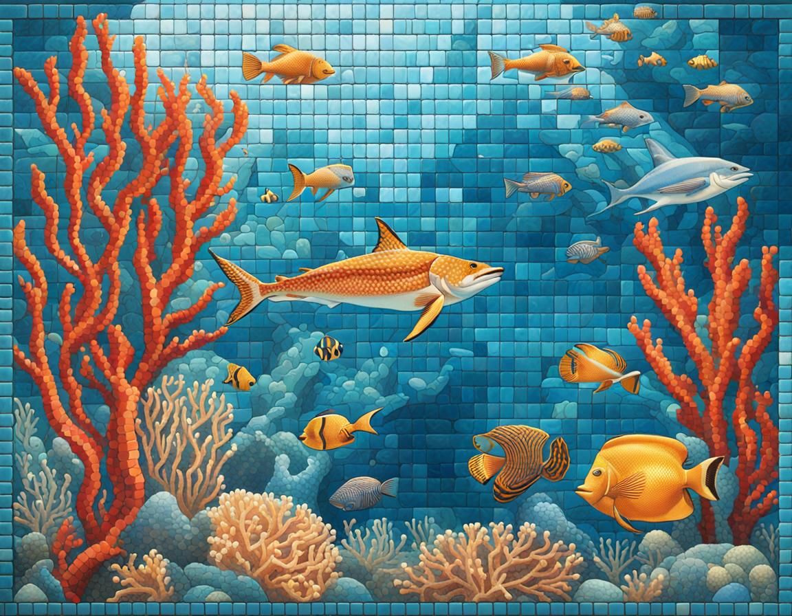 Under water tiled mosaic. Featuring vibrant marine life, cor...