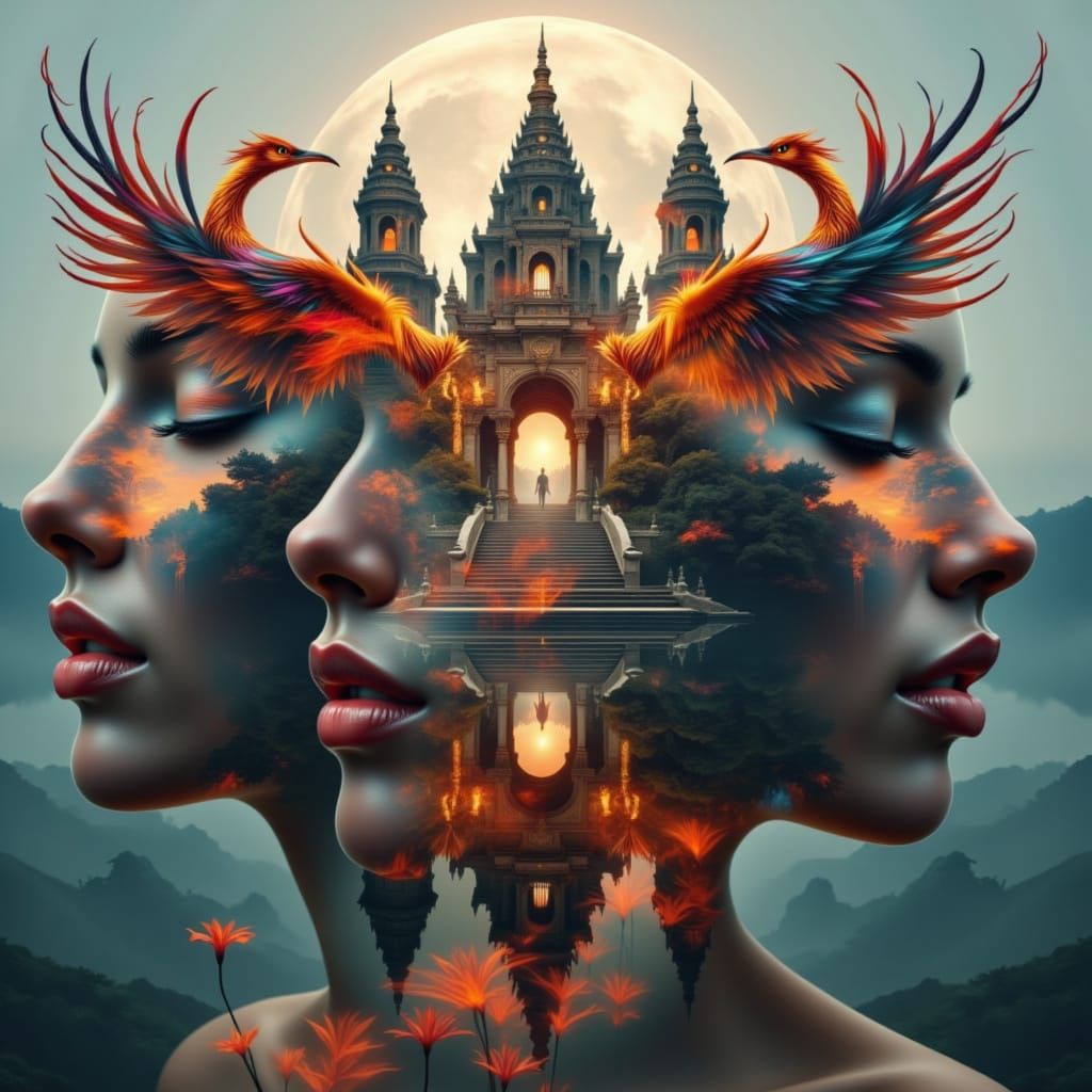 <lora:Triple Layer Effect:1.0> a triple layer portrait of a temple, a phoenix, black lilies, each image overlapping the other, stunning deta...