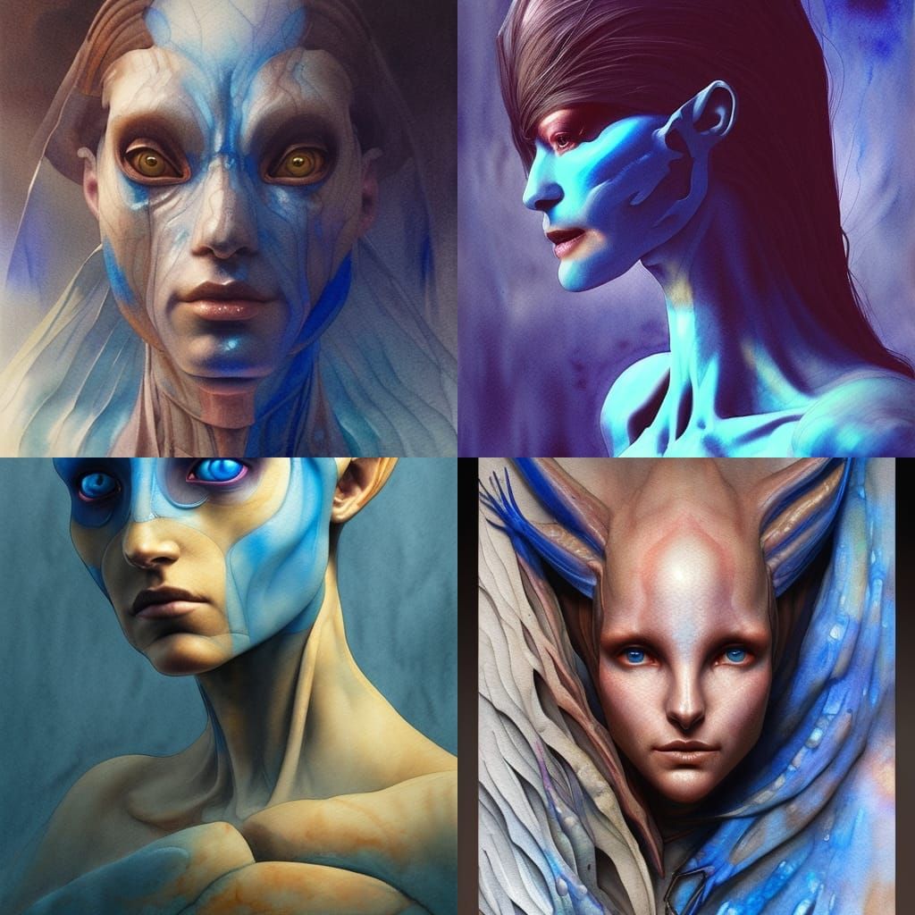 Gills, beaked, humanoid, blue fur, augmented synthoid portra...