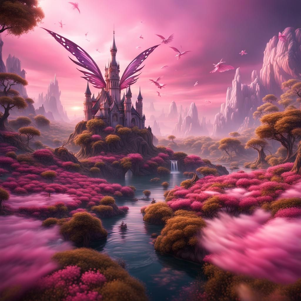Beautiful fairy land pink sky faires everywhere with wings