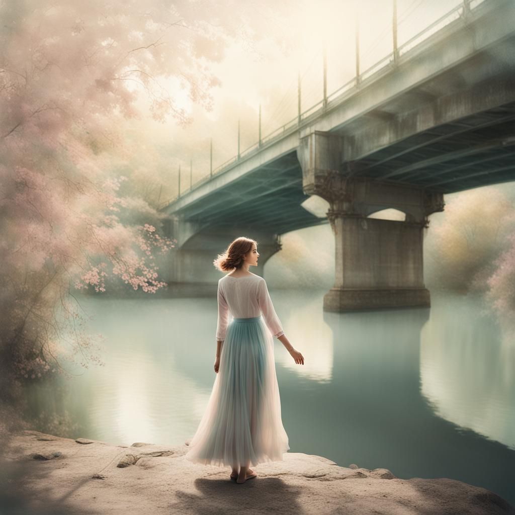 Ethereal Woman Under Bridge: Mixed Media Photography