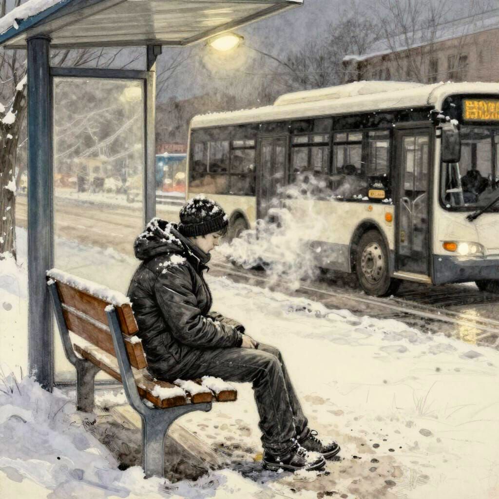 In-Between Moments: Teenager Waiting for a Late Bus in Winter  by @Kosh