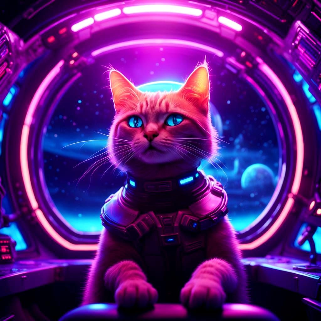 Cyberpunk Feline Voyager in Cosmic Odyssey