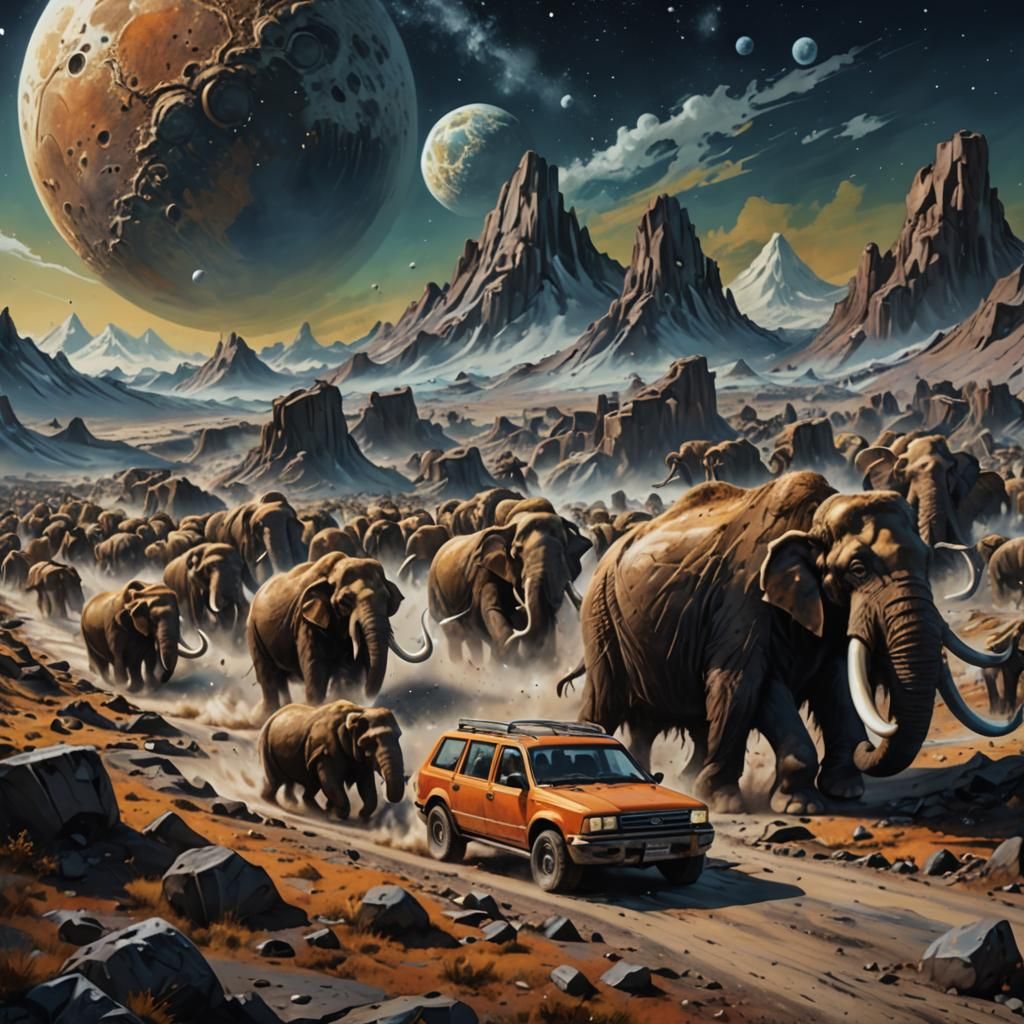 driving a car through a herd of mammoths on the moon  by @Marc Berger