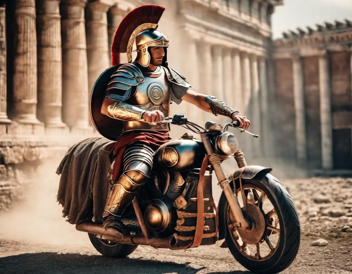 Ancient Roman warrior on his motorcycle going into battle.