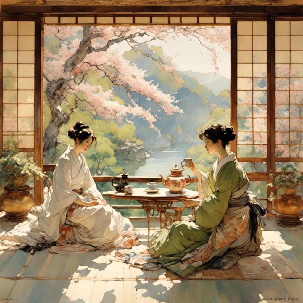 <lora:monstyle3:1.0> Japanese women at a traditional tea party