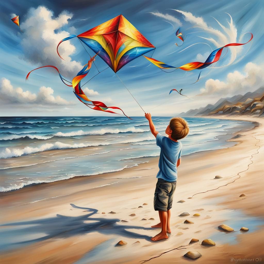 A boy playing with an Fantasy shaped Kite, on the Beach, Clean Oil painted Airbrush  by @Denise