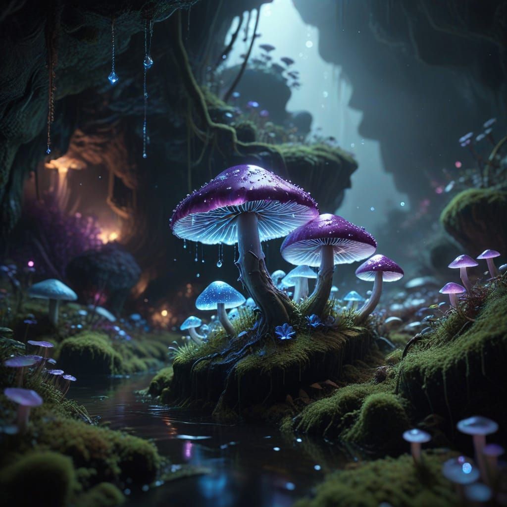 Luminous Crystal Tree in Underground Cave: Fantasy Artwork