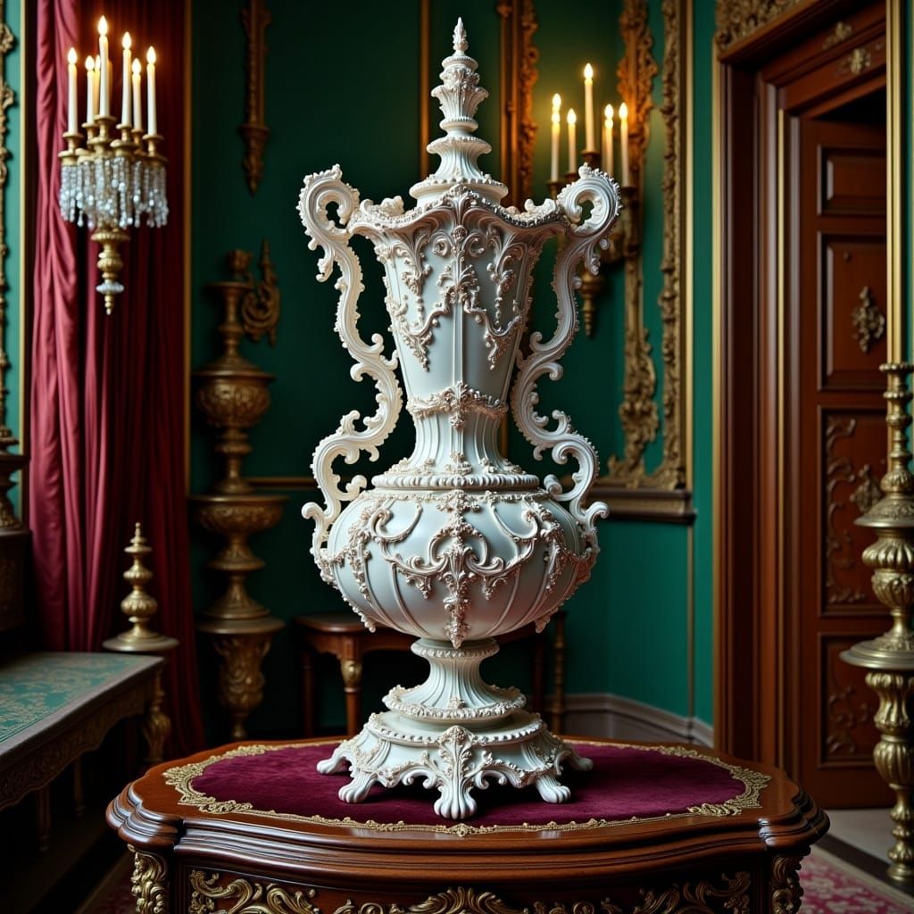 <lora:Ornamented:1.0>A deeply ornated silver sculpture in a Victorian house