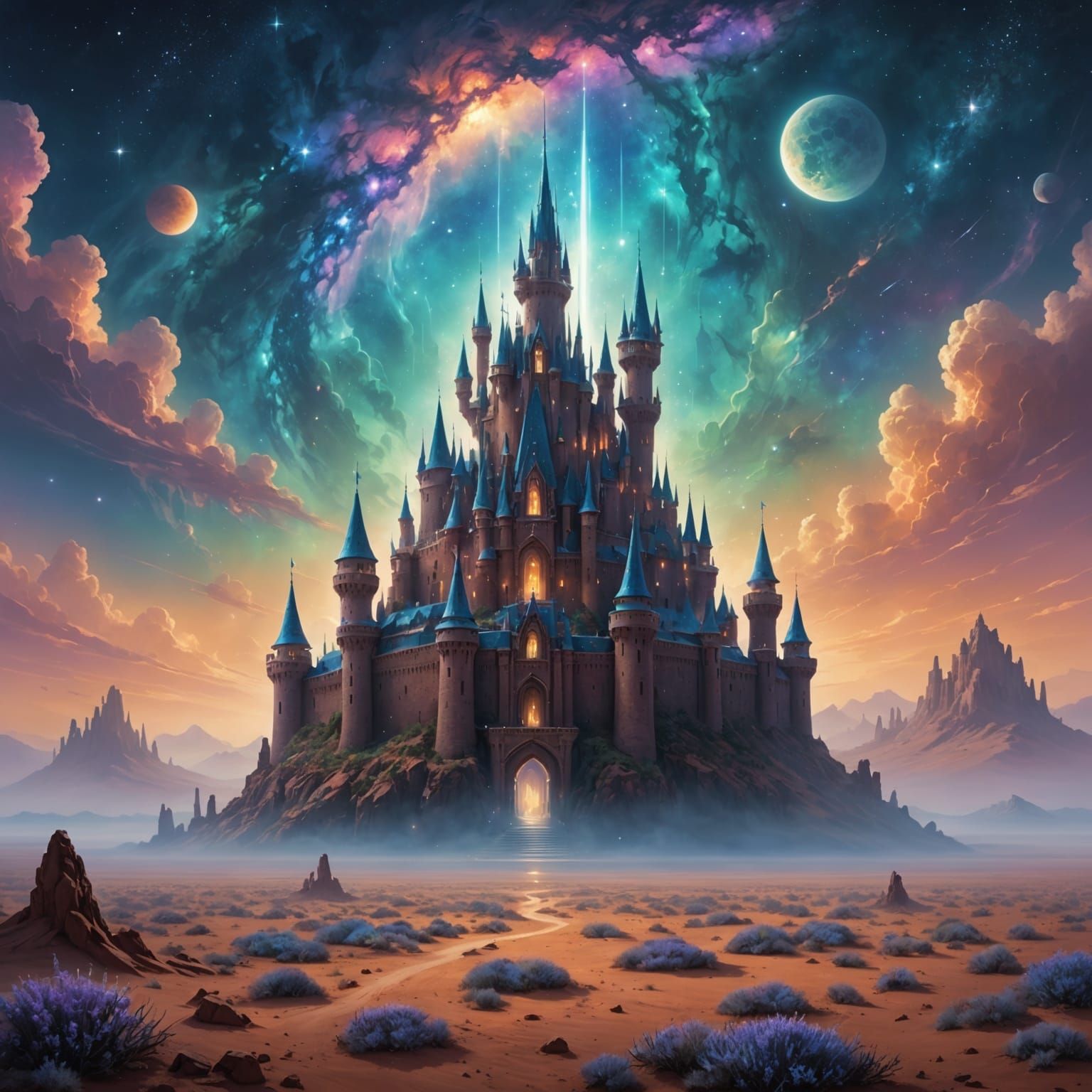 An ethereal, translucent castle floats serenely in a nebula-filled sky, its spires shimmering with cosmic dust. Below, a vast, alien desert ...