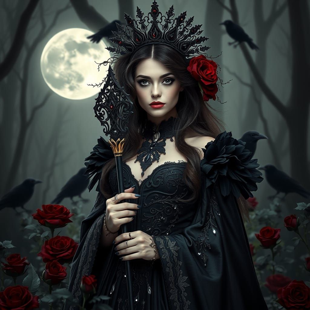 A hauntingly beautiful Gothic princess stands in a moonlit forest at night, wearing a flowing, dark ...  by @Karina 