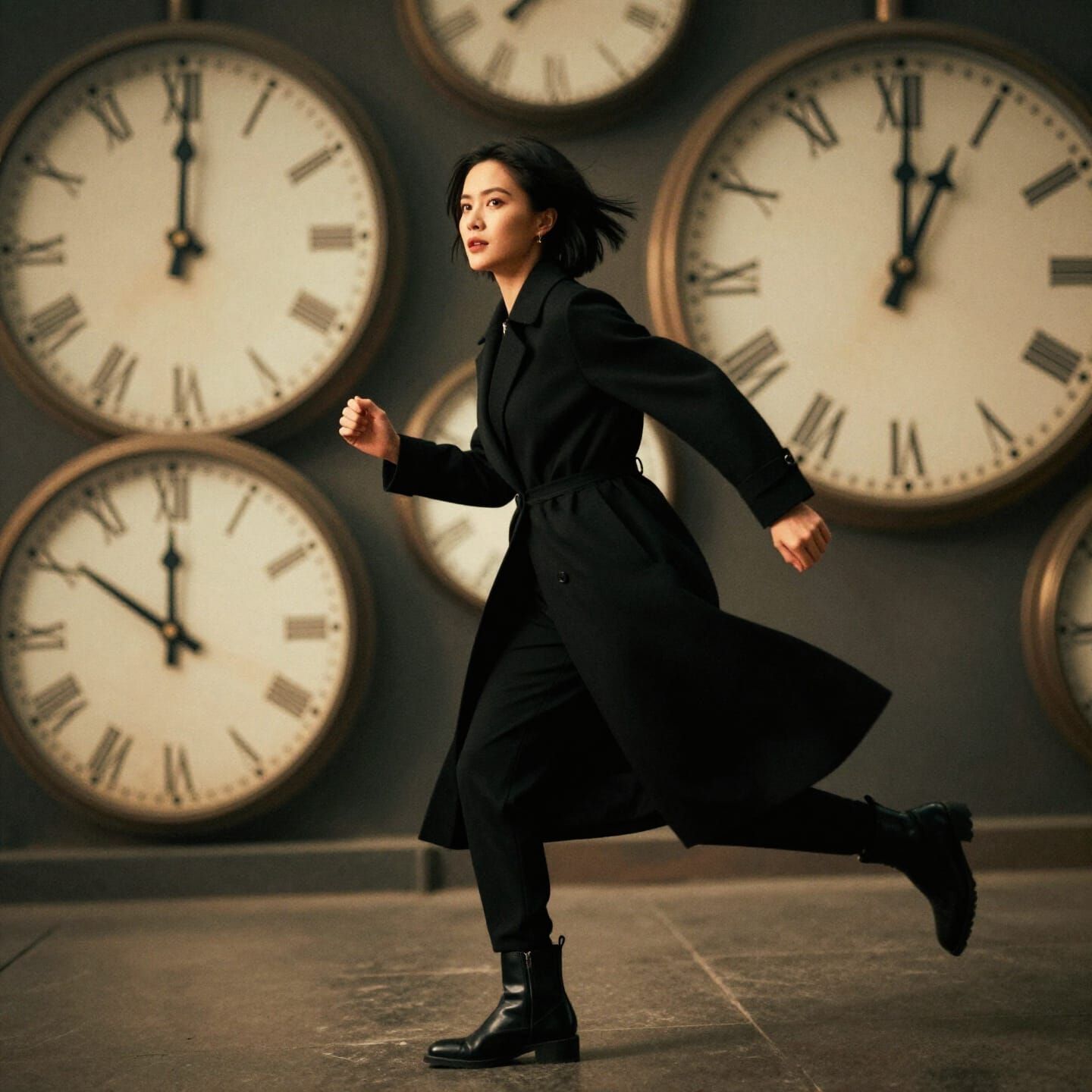 Thai Woman Running Through Time Amidst Giant Clocks