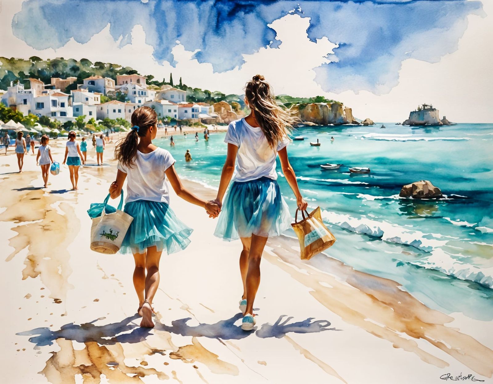 Detailed watercolor painting of a mother and daughter visiting the beach on Ibiza in matching outfits  by @Fokje