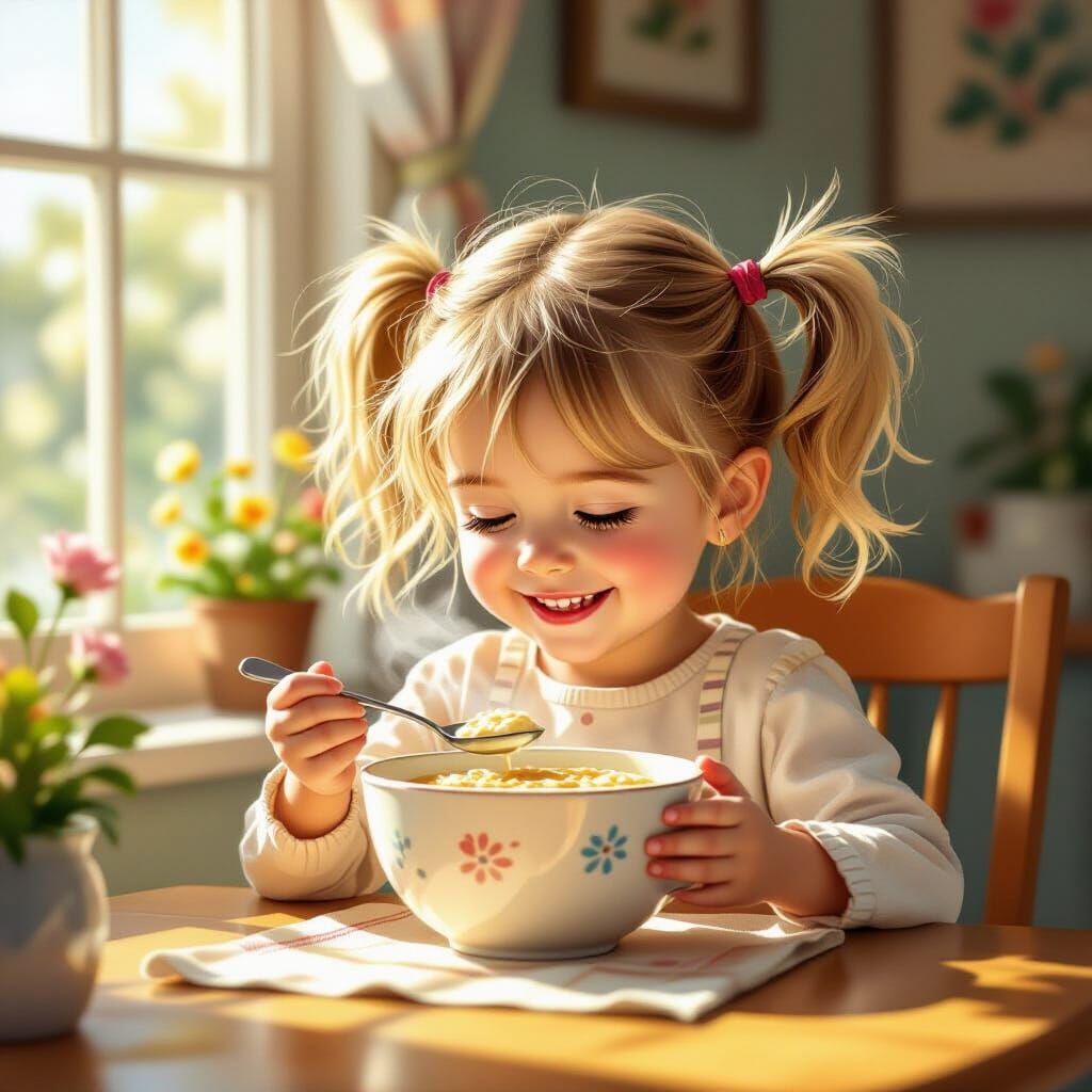 Girl Eating Oatmeal in Sunny Breakfast Scene