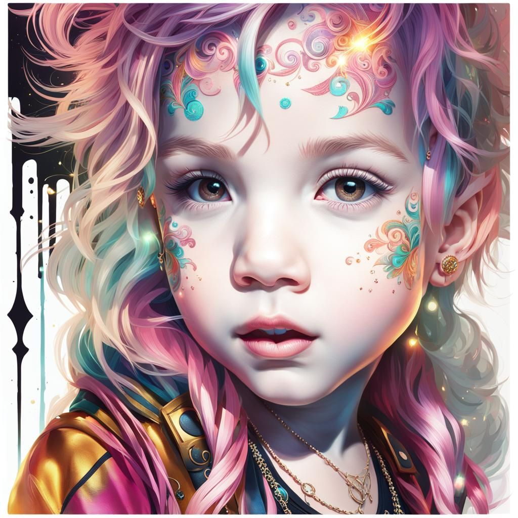 Waist-up portrait of a toddler with magical tattoos