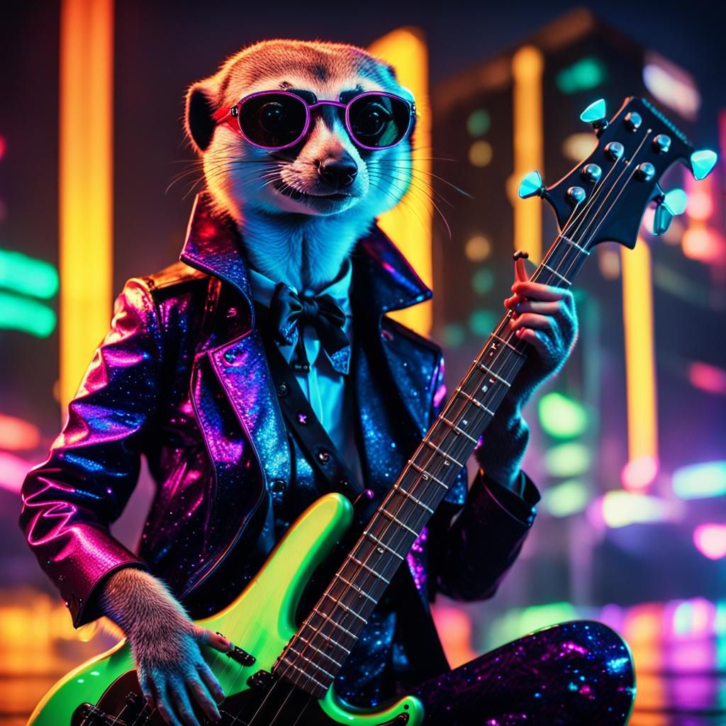 A female meerkat wearing a  1920s fashion playing an electri...
