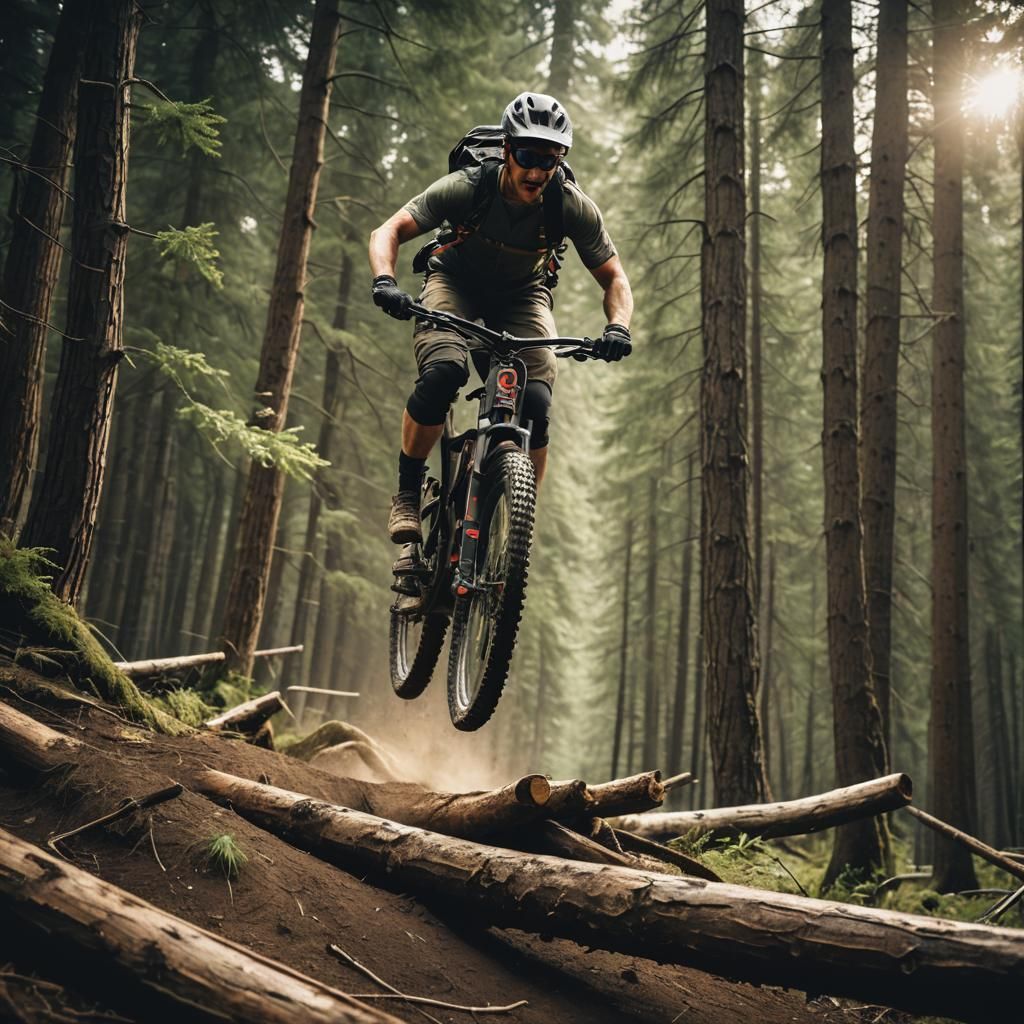 Medium shot of a well-muscled mountain biker, sunglasses, ju...