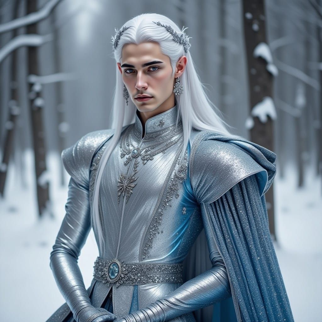 <lora:Icy Intensity:1.0> Man in a silver full gown, metallic shine, young man in a winter landscape, in a silver and blue gown, beautiful yo...
