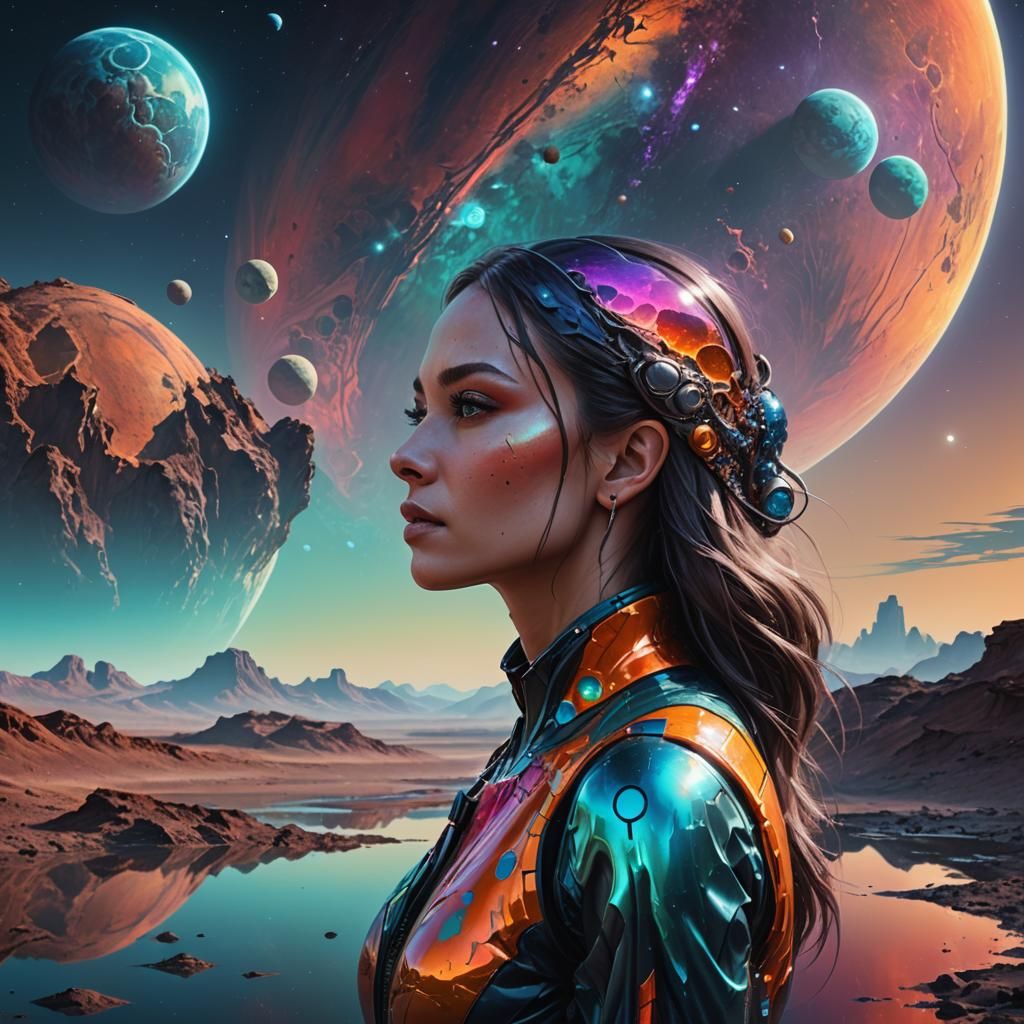 Side profile portrait of a beautiful girl. a colorful alien ...