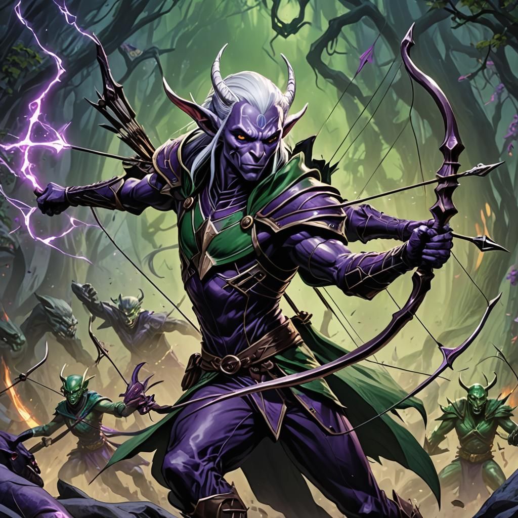 4 arms Dark Elf Drizzt from forgotten realms with purple panther shooting arrow from bow at a green spider queen dungeons and dragons 	Disne...