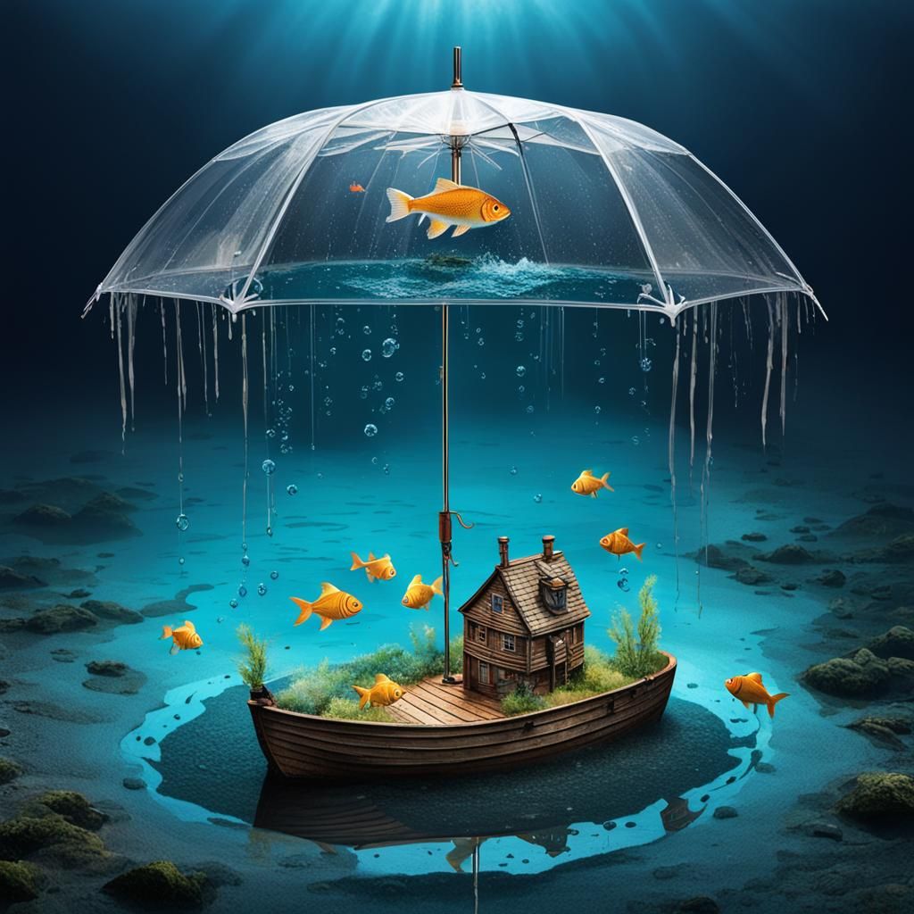 A whimsical clear umbrella, in a puddle of water holds has a sunken ship and fish inside of the umbrella ...  by @Oma