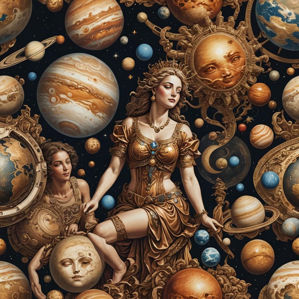 Planets Displaying Human Emotions in Vintage Style