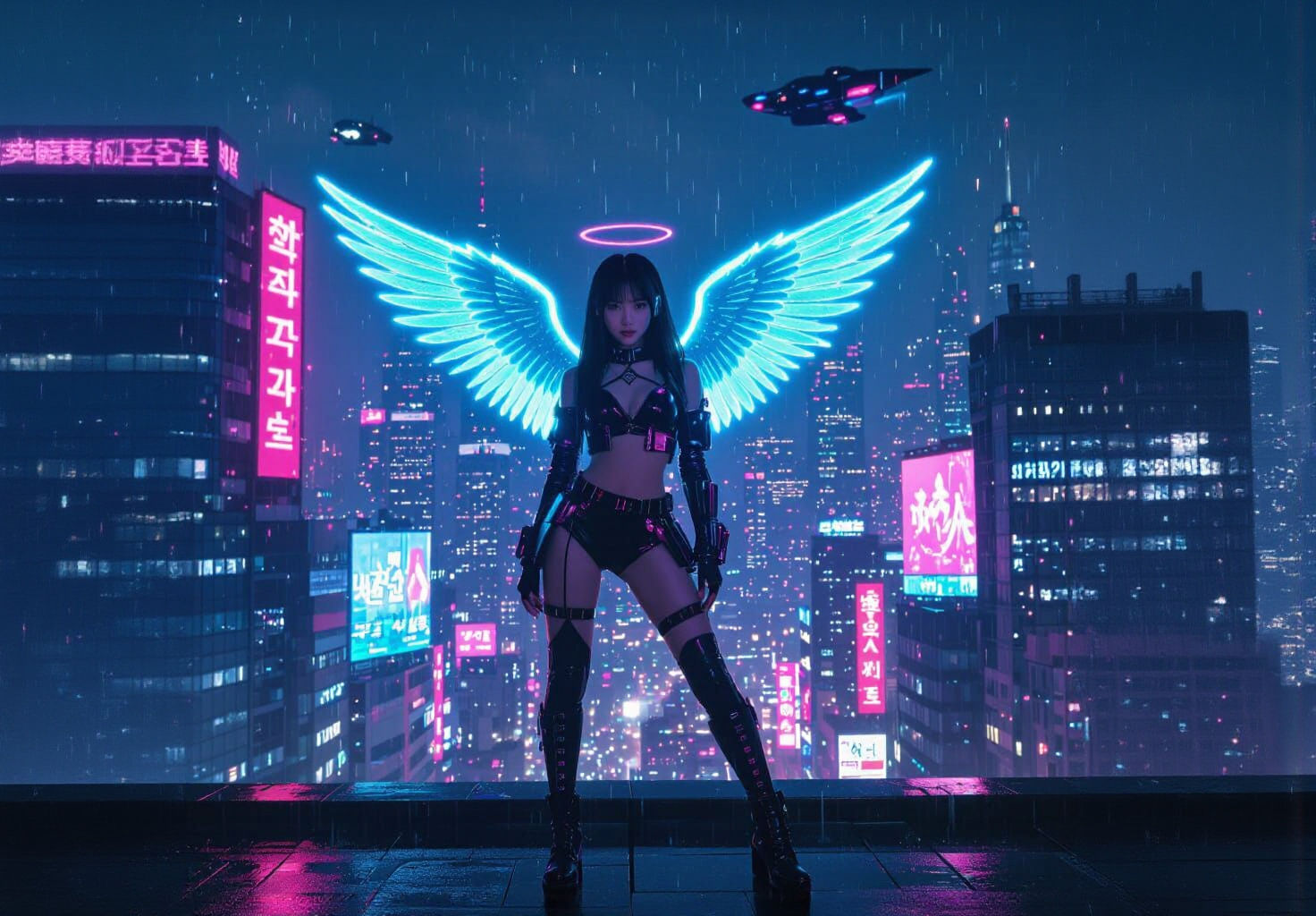 Korean Idol with Angel Wings in Cyberpunk Cityscape