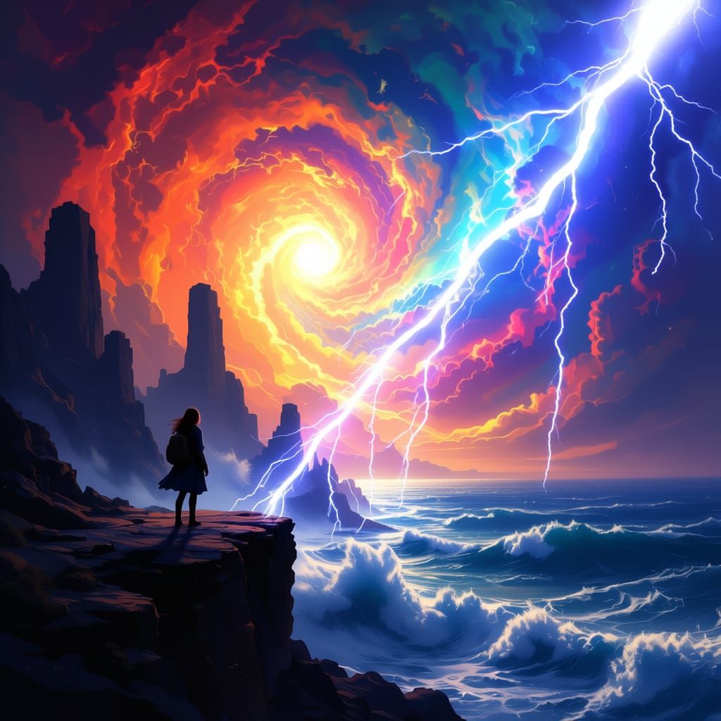 Show the nebulae swirling in the sky, the lightning flashing down from the right corner of the image to just in front of the girl. The storm...