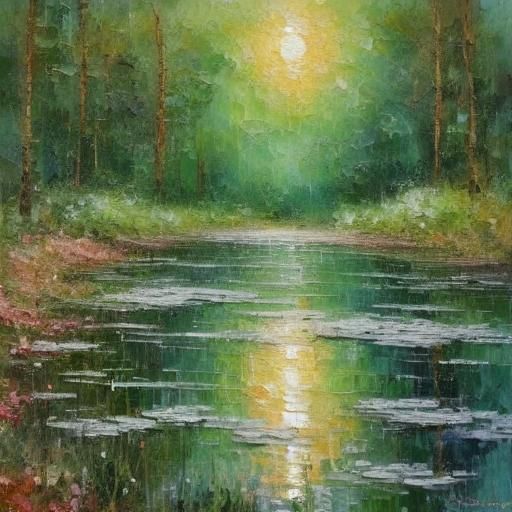 <lora:BeautyInEachStroke:1.0> A small canoe sailing in a rainforest at sunset (gap in the trees), beautiful,  vibrant, colours, rich colours...