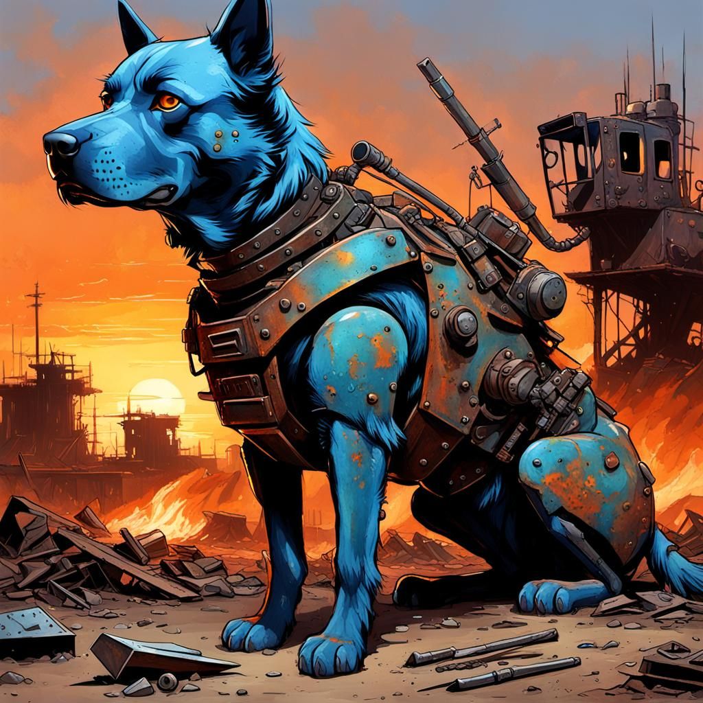 Post-Apcolyptic junkyard, sunset scavenger girl with armored...