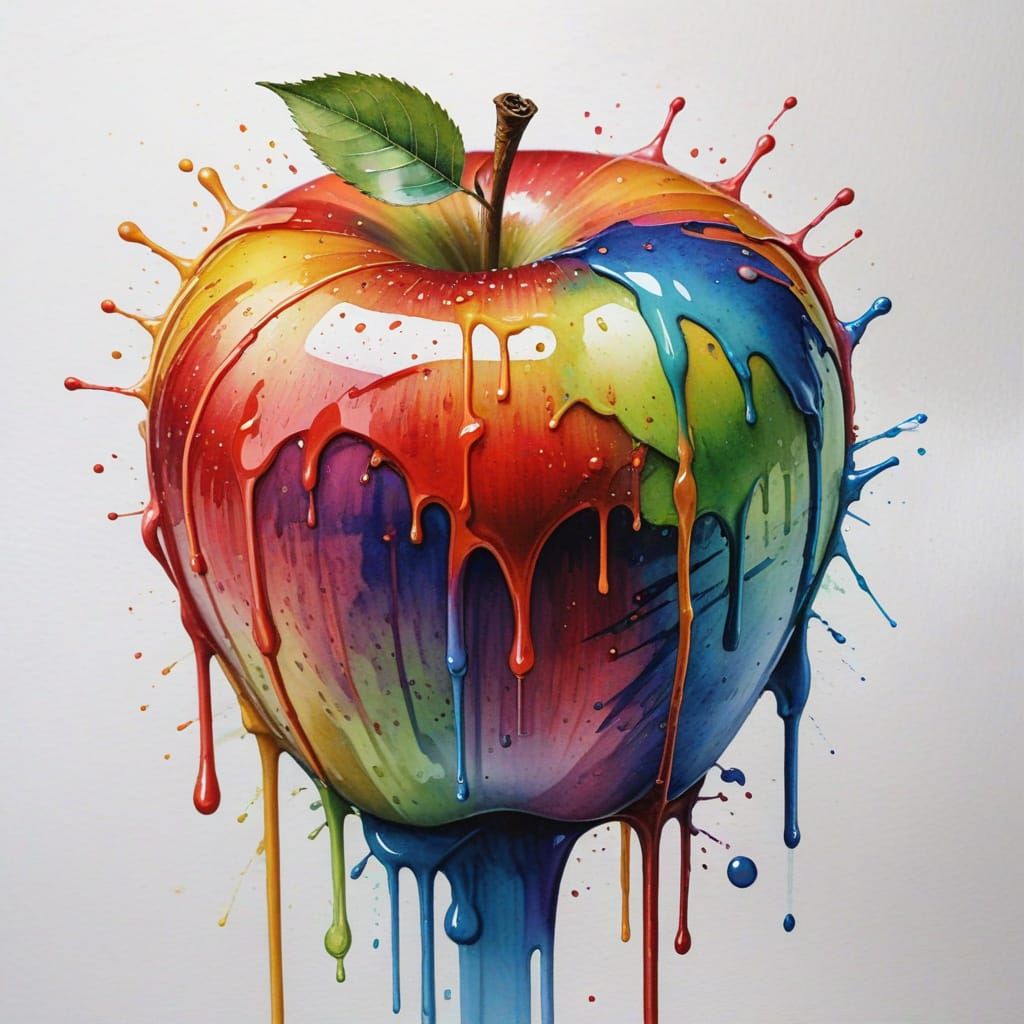 An apple that turns in to dripping paint at the bottom. Artistic, watercolour, detailed, multi coloured ...  by @Betty-Mae