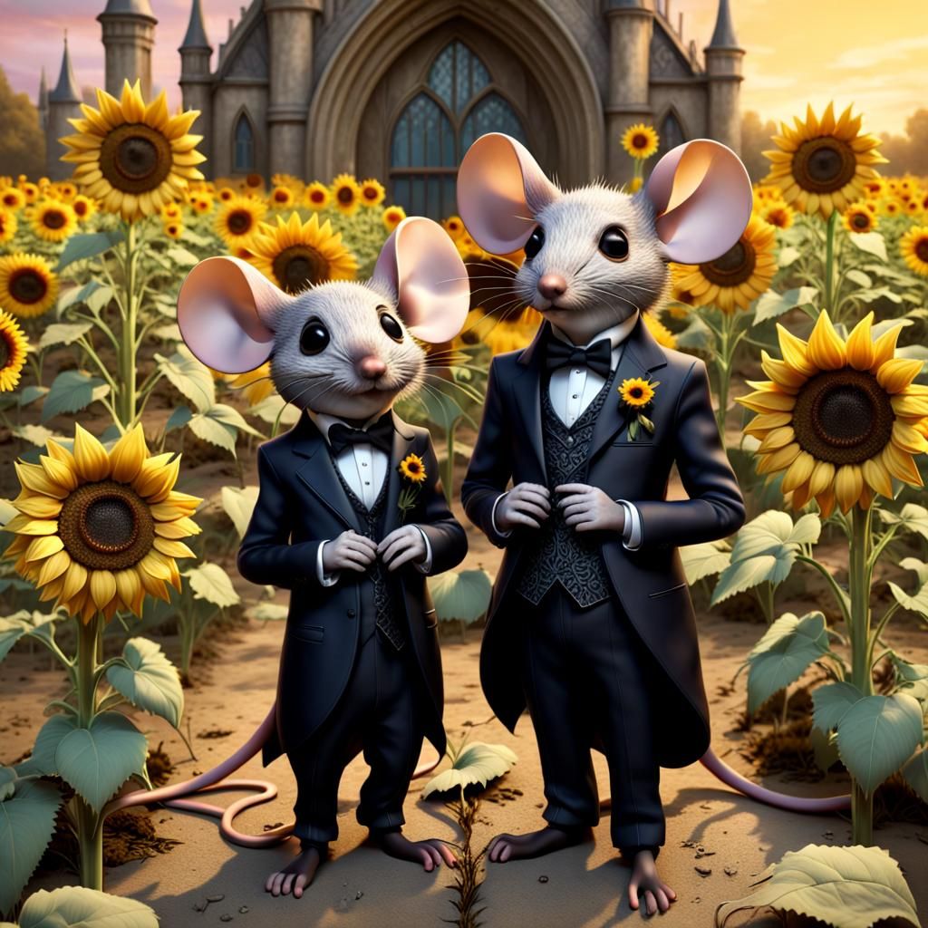 stylized gothic elegant mice in a sunflower field