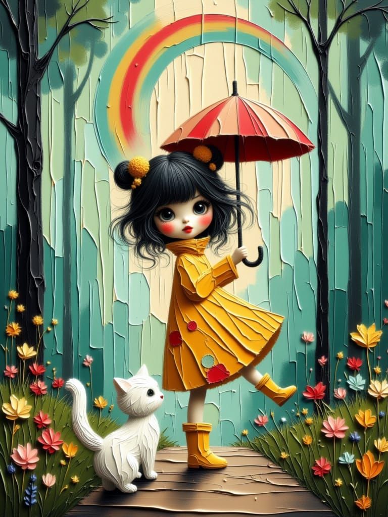Girl with Cat Under Rainbow in Retro 70s Style