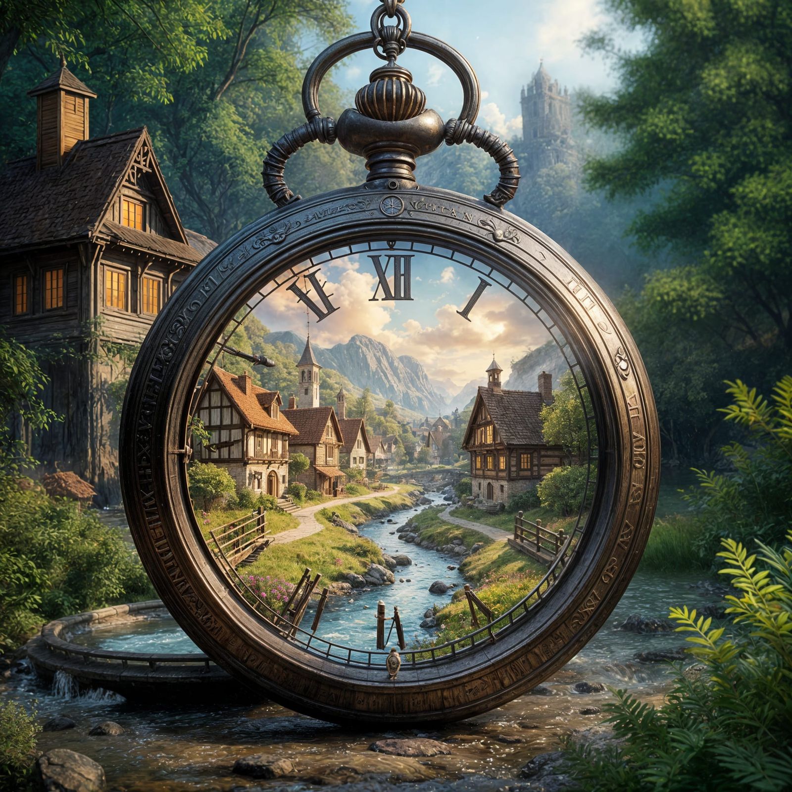 Pocket watch inside, showing a small, warm village with a small stream, detailed matte painting, deep ...  by @Chaim