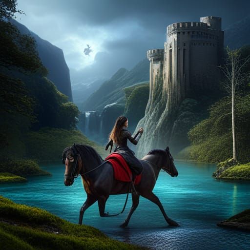 A beautiful girl riding a black stallion past a castle along...
