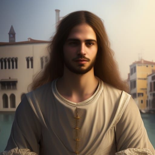 medieval merchant, young cute handsome man, long hair, staring