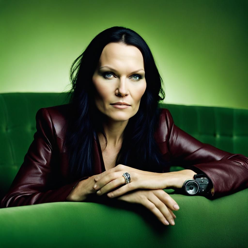 Portrait of Tarja turunen sitting down on a green sofa listening to a