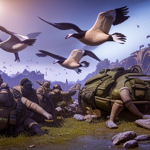 an flock of geese wearing army fatigues